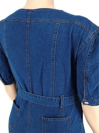 Plus Size Stretch Denim Zip Front Jumpsuit Pockets - HER Plus Size by Ench