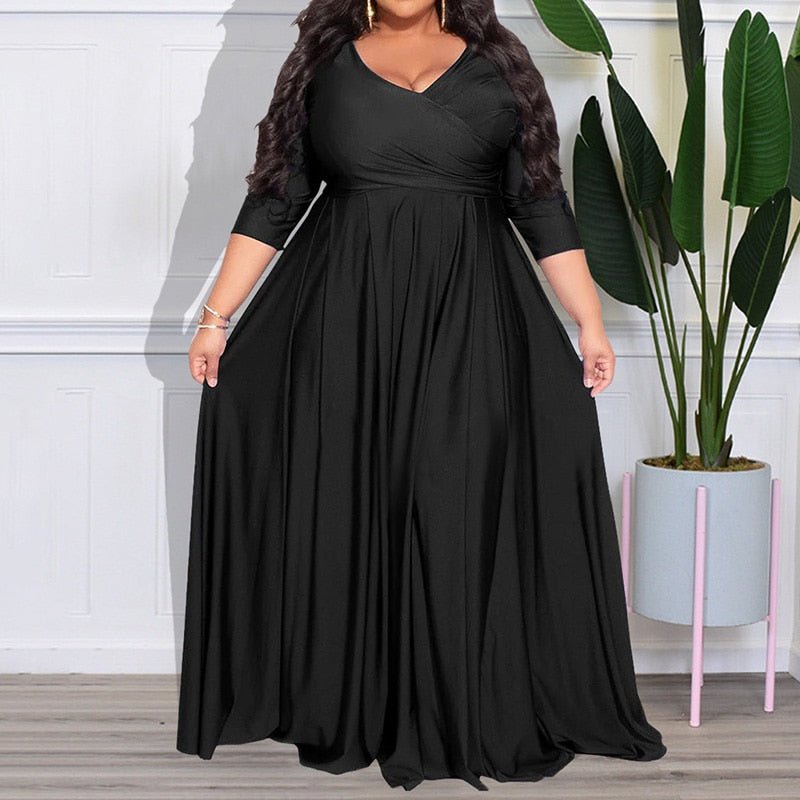 Plus Solid V-Neck Maxi Princess Evening Dress - HER Plus Size by Ench