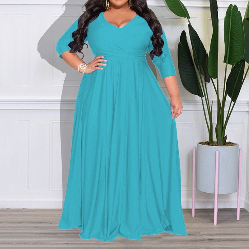 Plus Solid V-Neck Maxi Princess Evening Dress - HER Plus Size by Ench