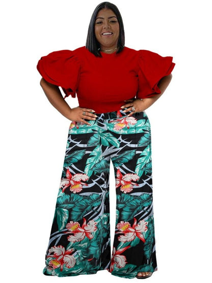 Plus Two Piece Set Solid Tops and Print Wide Leg Pants Matching Suit - HER Plus Size by Ench