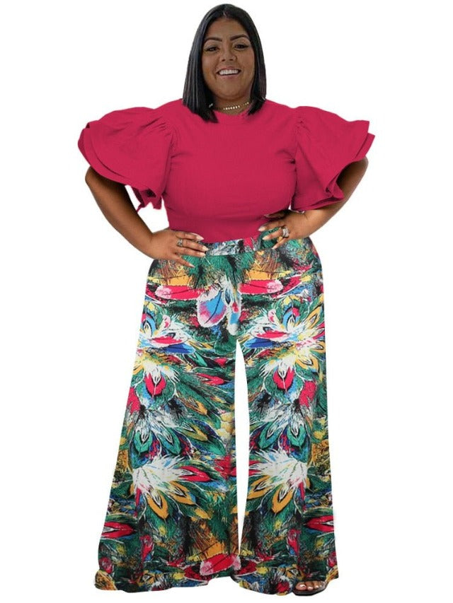Plus Two Piece Set Solid Tops and Print Wide Leg Pants Matching Suit - HER Plus Size by Ench