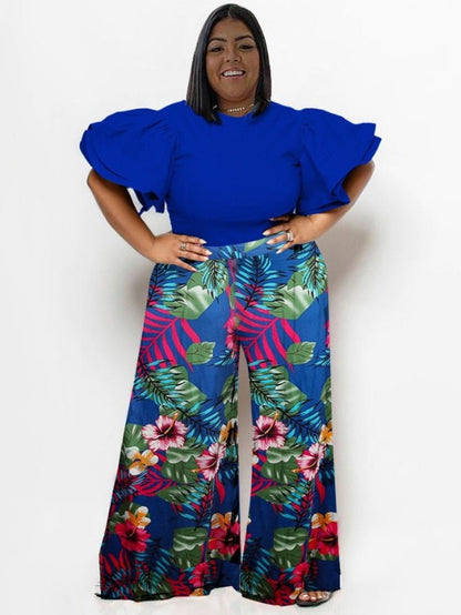 Plus Two Piece Set Solid Tops and Print Wide Leg Pants Matching Suit - HER Plus Size by Ench