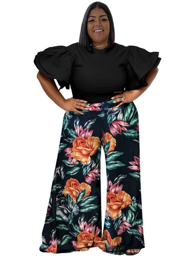 Plus Two Piece Set Solid Tops and Print Wide Leg Pants Matching Suit - HER Plus Size by Ench