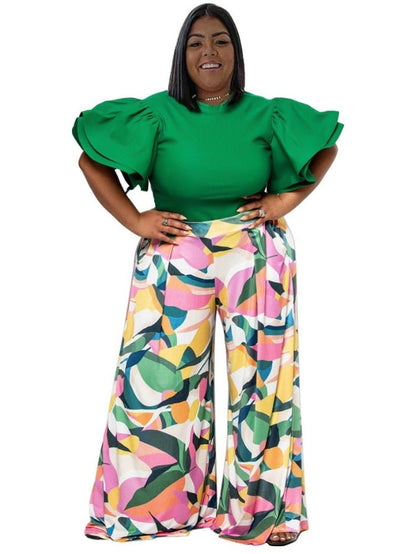 Plus Two Piece Set Solid Tops and Print Wide Leg Pants Matching Suit - HER Plus Size by Ench