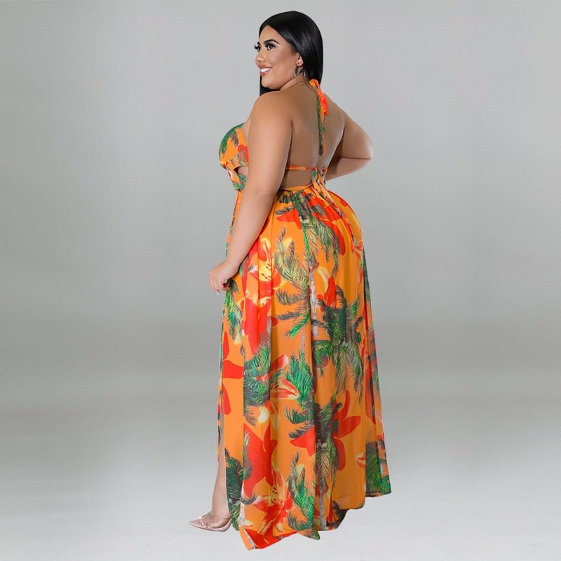Plus V Neck Floral Print Open Back Summer Holiday Maxi Dress - HER Plus Size by Ench