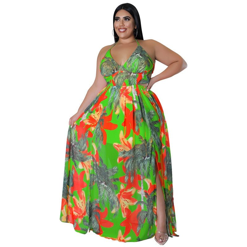 Plus V Neck Floral Print Open Back Summer Holiday Maxi Dress - HER Plus Size by Ench