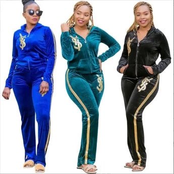 Plus Velvet Matching Tracksuit Letter Embroidery Two Piece Set - HER Plus Size by Ench